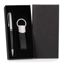 Caneta e Chaveiro em Metal e Material Sintético Preto Personalizada