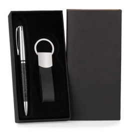 Caneta e Chaveiro em Metal e Material Sintético Preto Personalizada