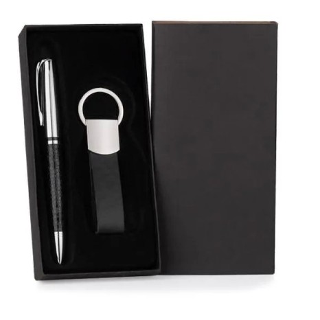 Caneta e Chaveiro em Metal e Material Sintético Preto Personalizada