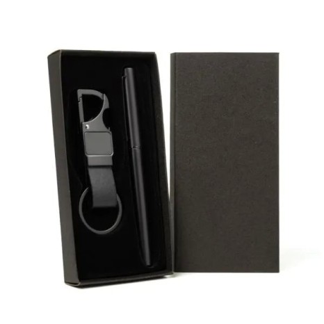 Caneta Roller e Chaveiro Cinza em Metal e Pu Preto Personalizada