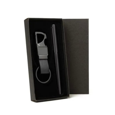Caneta Roller e Chaveiro Cinza em Metal e Pu Preto Personalizada