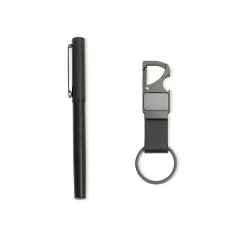 Caneta Roller e Chaveiro Cinza em Metal e Pu Preto Personalizada