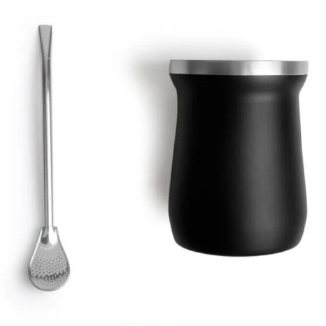 Cuia Térmica em Aço Inox com Bomba Preto 300Ml Personalizado