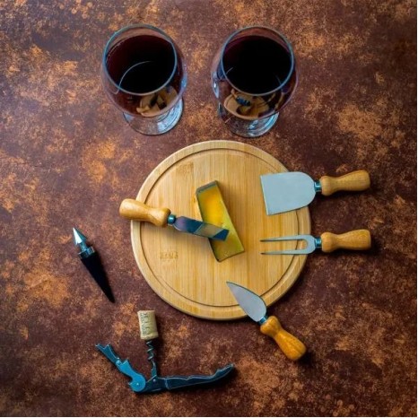 Kit Queijo e Vinho com Espaço para Garrafa 9 Pçs Personalizado
