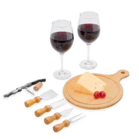 Kit Queijo e Vinho com Tábua Redonda 8 Pçs Personalizado