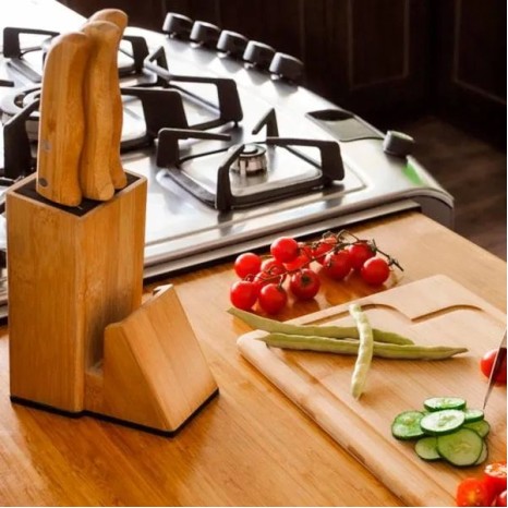 Conjunto para Cozinha com Cepo em Bambu / Madeira / Inox 6 Pçs Personalizado