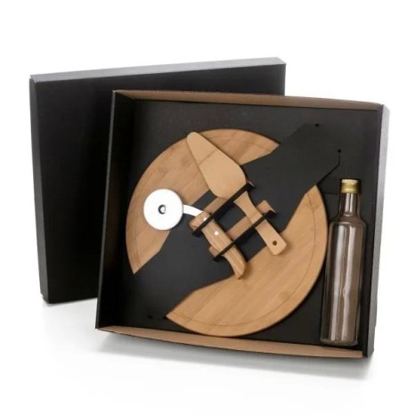 Kit para Pizza com Garrafa Bambu / Inox / Vidro 4 Pçs Personalizado