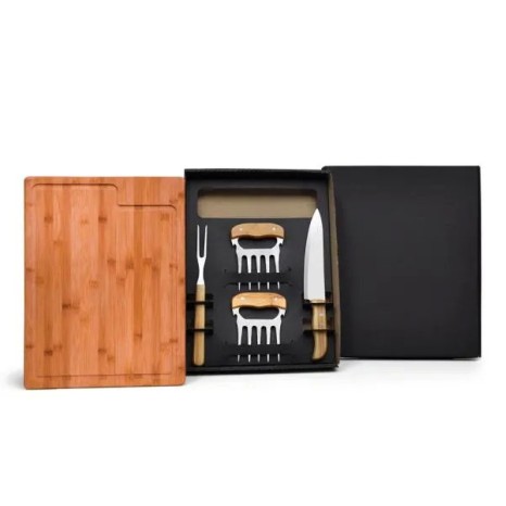 Kit para Churrasco em Bambu / Madeira / Inox 5 Pçs Personalizado