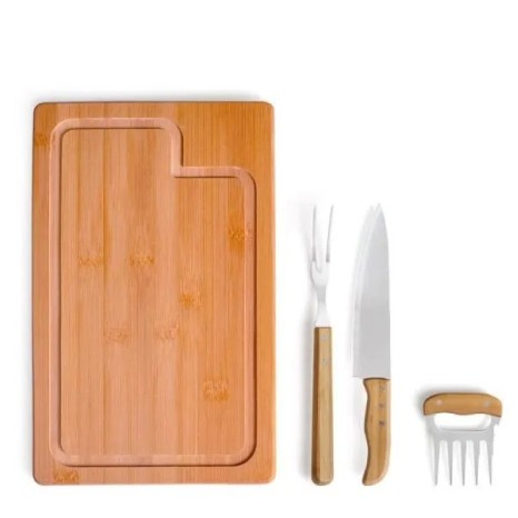 Kit para Churrasco em Bambu / Madeira / Inox 4 Pçs Personalizado