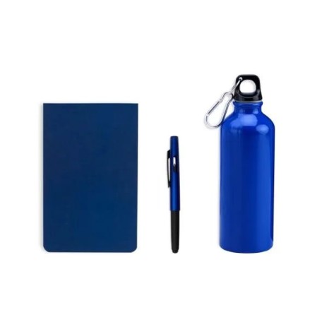 Kit com Squeeze, Caneta e Bloco para Anotações Azul 3 Pçs Personalizado