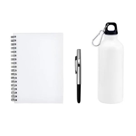Kit com Squeeze, Caneta e Caderno Branco 3 Pçs Personalizado