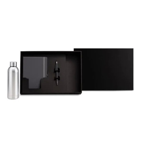 Kit Garrafa, Caderno e Caneta Cinza/Prata 3 Pçs Personalizado