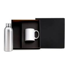 Kit Garrafa e Caneca Prata/Branco 2 Pçs Personalizado