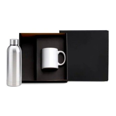 Kit Garrafa e Caneca Prata/Branco 2 Pçs Personalizado