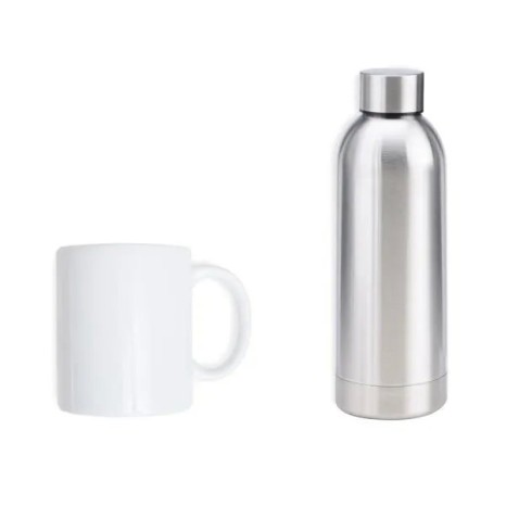 Kit Garrafa e Caneca Prata/Branco 2 Pçs Personalizado