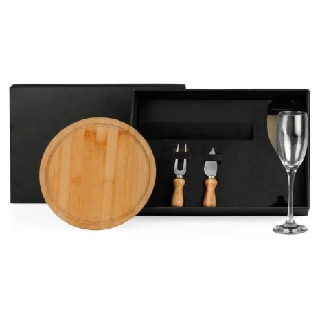 Conjunto para Queijo em Bambu com Taça para Champagne 4 Peças Personalizado