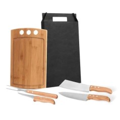 Conjunto para Churrasco e Cozinha em Bambu / Madeira / Inox 5 Pçs Personalizado