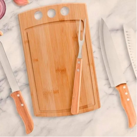 Conjunto para Churrasco e Cozinha em Bambu / Madeira / Inox 5 Pçs Personalizado