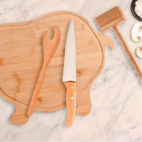 Kit para Cozinha em Bambu com Tábua Formato Porco Personalizado
