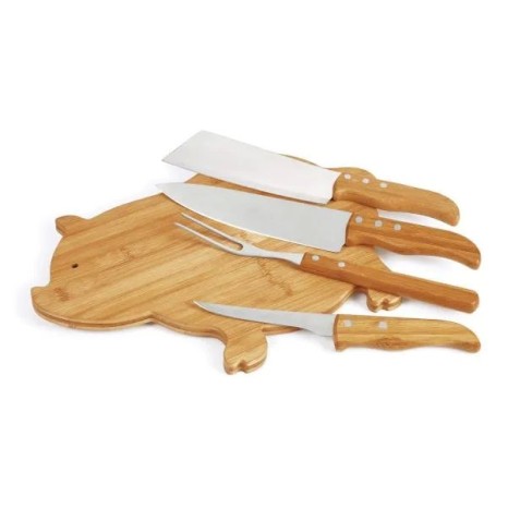 Kit para Cozinha com Tábua Porco em Bambu / Madeira / Inox 5 Pçs Personalizado