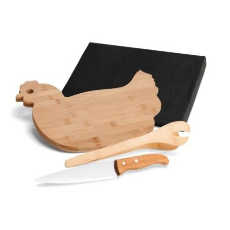 Kit para Cozinha com Tábua Porco em Bambu / Madeira / Inox 5 Pçs Personalizado