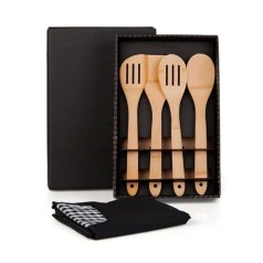 Kit Utensílios em Bambu 30 cm com Avental 5 Pçs Personalizado