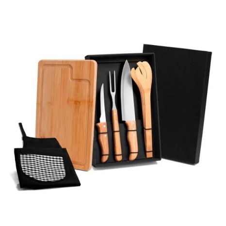 Kit para Churrasco em Bambu / Madeira / Inox com Avental 6 Pçs Personalizado