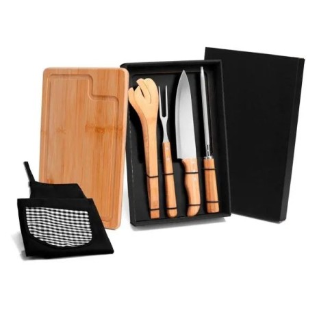 Kit para Churrasco em Bambu / Madeira / Inox com Avental 6 Pçs Personalizado
