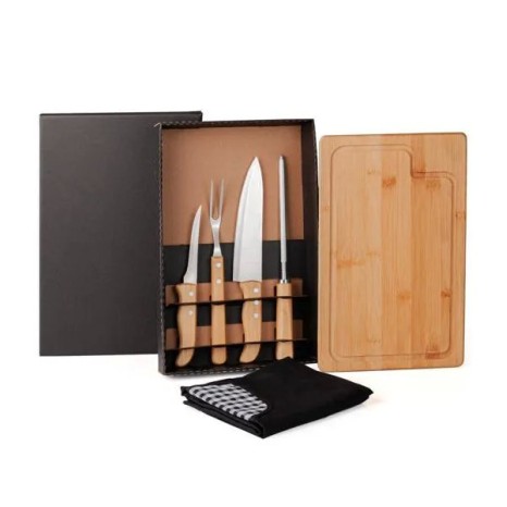 Kit para Churrasco em Bambu / Madeira / Inox com Avental 6 Pçs Personalizado
