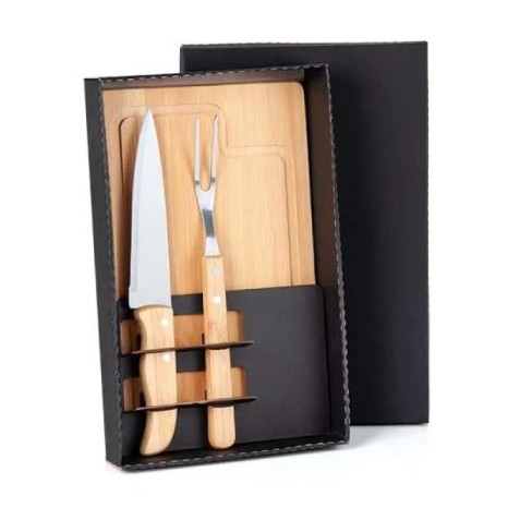 Kit para Churrasco em Bambu / Madeira / Inox 3 Pçs Personalizado