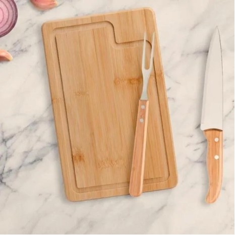 Kit para Churrasco em Bambu / Madeira / Inox 3 Pçs Personalizado