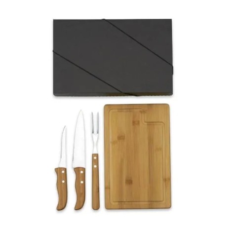 Kit para Churrasco em Bambu / Madeira / Inox 4 Pçs Personalizado