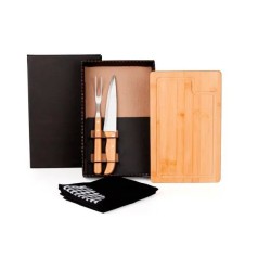 Kit para Churrasco em Bambu / Madeira / Inox com Avental 4 Pçs Personalizado