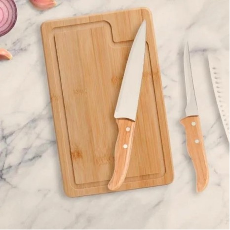 Kit para Churrasco/Cozinha em Bambu / Madeira / Inox 4 Pçs Personalizado