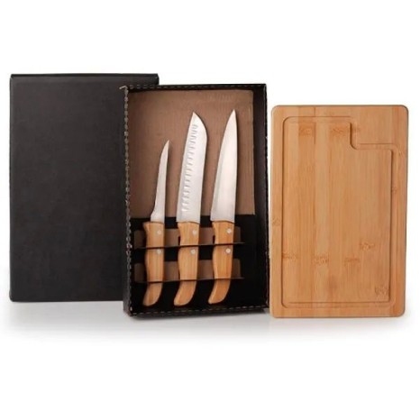 Kit para Churrasco/Cozinha em Bambu / Madeira / Inox 4 Pçs Personalizado