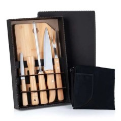 Kit para Churrasco em Bambu / Madeira / Inox com Avental- 8 Pçs Personalizado