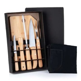 Kit para Churrasco em Bambu / Madeira / Inox com Avental- 8 Pçs Personalizado