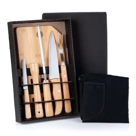 Kit para Churrasco em Bambu / Madeira / Inox com Avental- 8 Pçs Personalizado