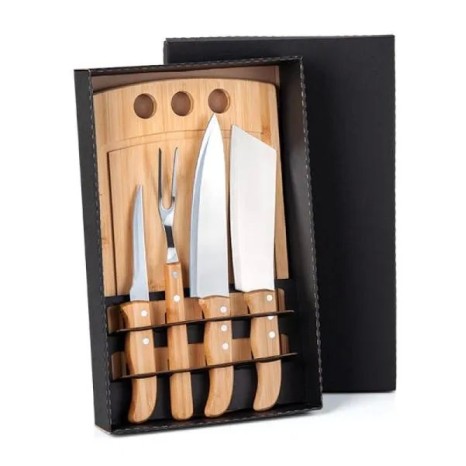 Kit para Churrasco / Cozinha em Bambu / Madeira / Inox 5 Pçs Personalizado
