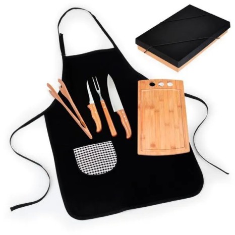 Kit para Churrasco em Bambu / Madeira / Inox com Avental 6 Pçs Personalizado