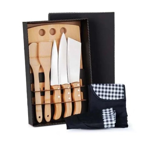 Kit para Cozinha em Bambu / Madeira / Inox com Avental e Touca 8 Pçs Personalizado