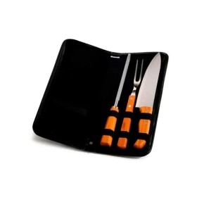 Conjunto Garfo, Faca e Chaira em Bambu / Madeira / Inox com Estojo 4 Pçs Personalizado
