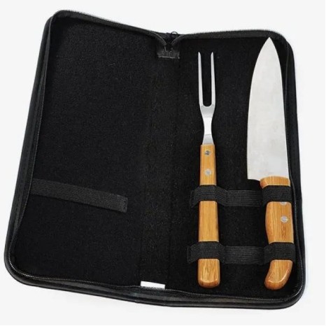 Conjunto Garfo e Faca Bambu / Madeira / Inox com Estojo Frankfurt 3 Pçs Personalizado