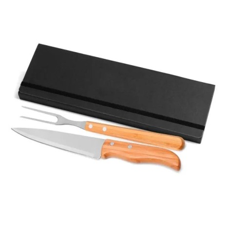 Conjunto de Garfo e Faca Inox / Madeira / Bambu com Estojo Preto 3 Pçs Personalizado