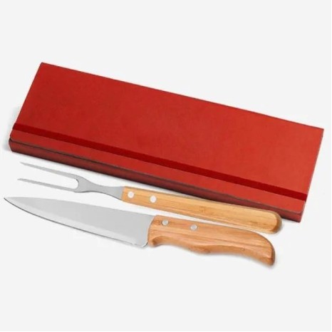Conjunto de Garfo e Faca Inox / Madeira / Bambu com Estojo Vermelho 3 Pçs Personalizado