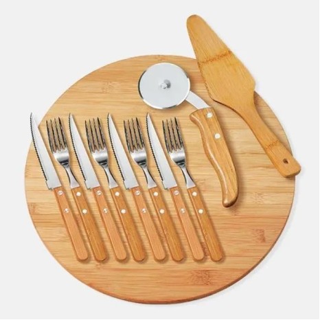 Conjunto para Pizza em Bambu/Madeira/Inox 35 cm 11 Pçs Personalizado