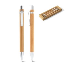 Conjunto de caneta esferográfica com escrita em azul e lapiseira, ambas em bambu personalizado