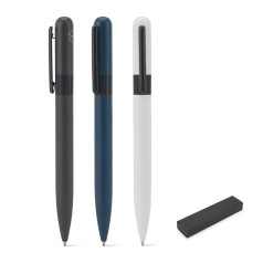 Esferográfica em Metal 60% Reciclado com Design Arredondado e Escrita em Preto com Logotipo