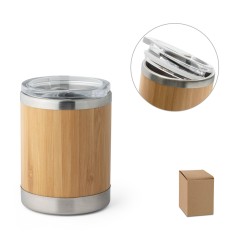 Copo de viagem térmico em aço inox e bambu, de parede dupla isolada a ar e fecho deslizante (350 mL) corporativo